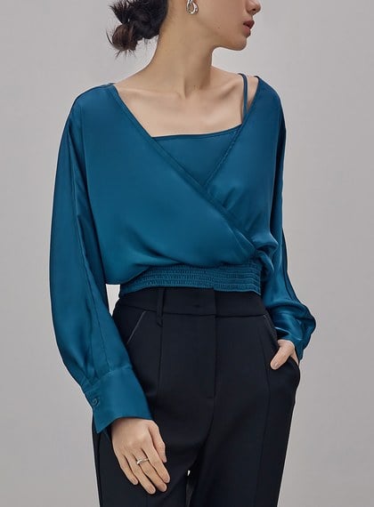 假兩件式光澤交叉上衣